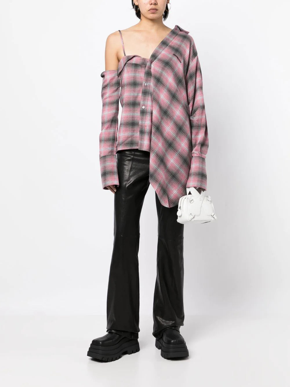 Check-pattern One-shoulder Shirt
