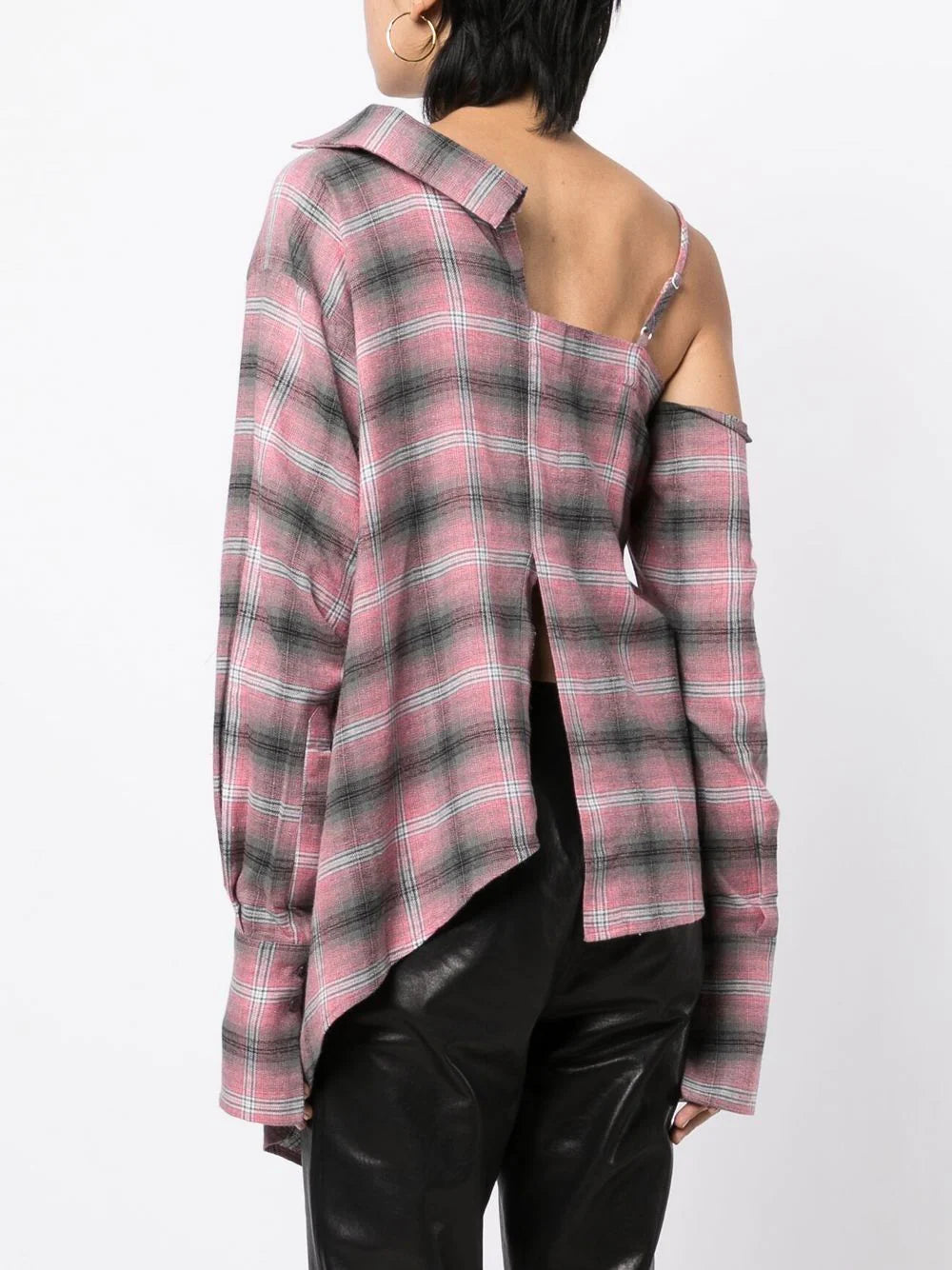 Check-pattern One-shoulder Shirt