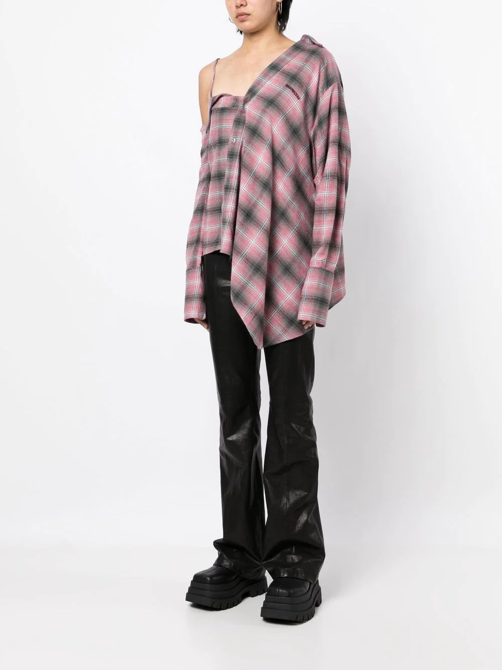 Check-pattern One-shoulder Shirt