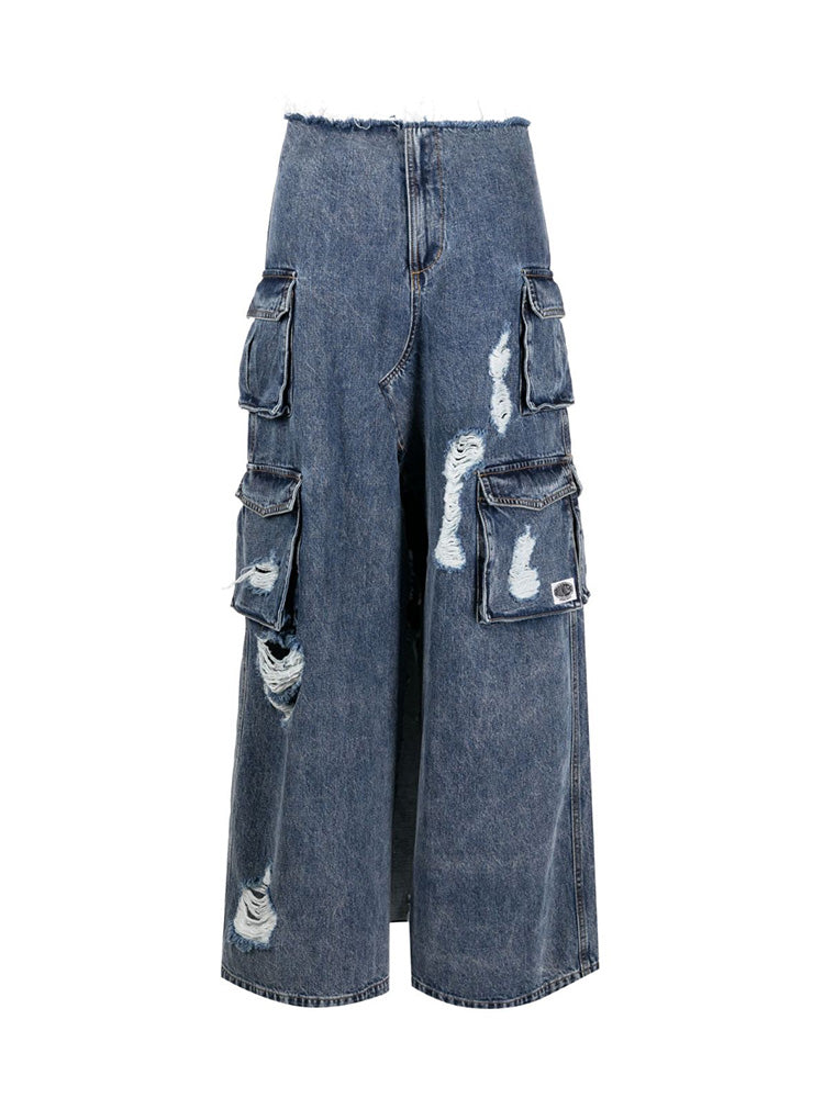 Distressed Denim Cargo Skirt