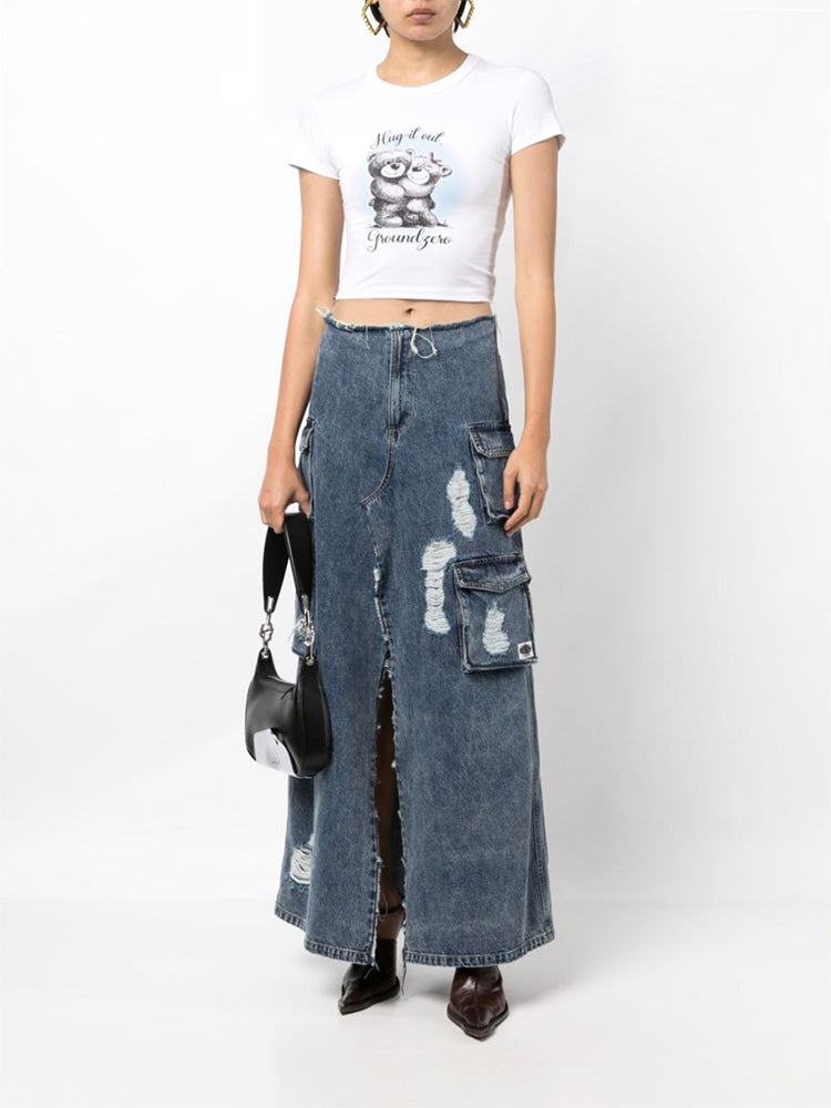 Distressed Denim Cargo Skirt