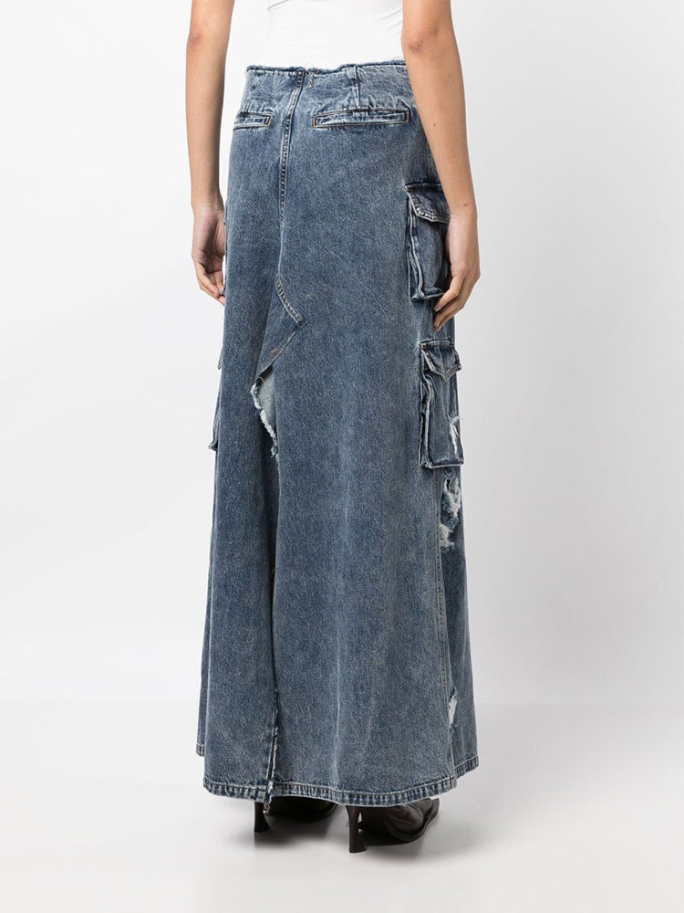 Distressed Denim Cargo Skirt