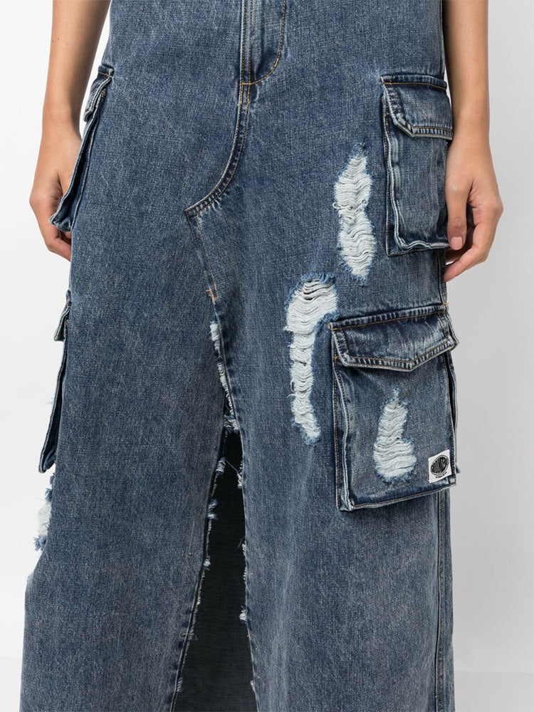 Distressed Denim Cargo Skirt